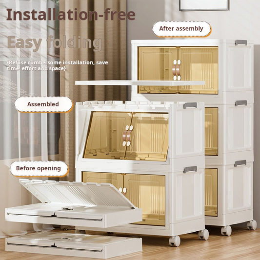 White foldable storage cabinet on wheels, front doors open and interior visible.