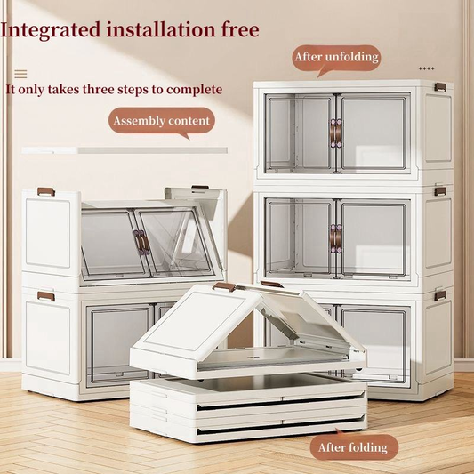 White foldable storage cabinet with gray panels, top platform unfolded on the floor.
