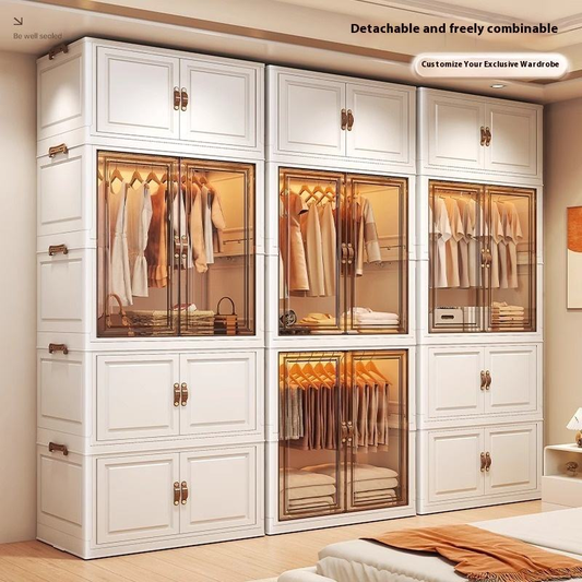 White wardrobe cabinet with mirrored glass doors, hanging rails and storage shelves