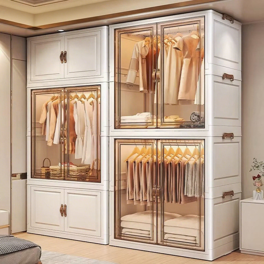 White wardrobe cabinet with large glass panels, hanging clothes and folded storage