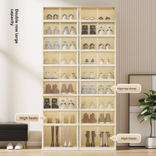Cream white shoe storage cabinet with open shelves holding pairs of shoes