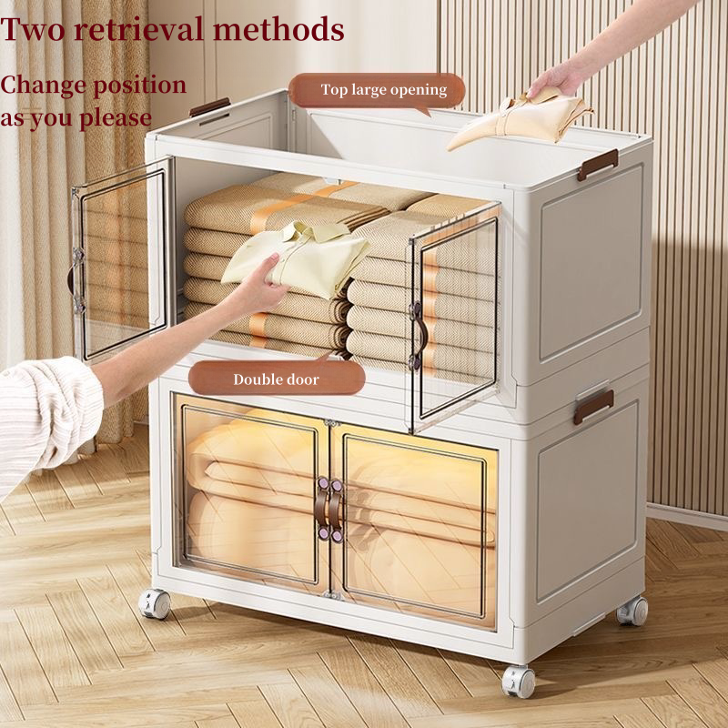 White foldable storage cabinet with double doors open, wheels, linens inside.