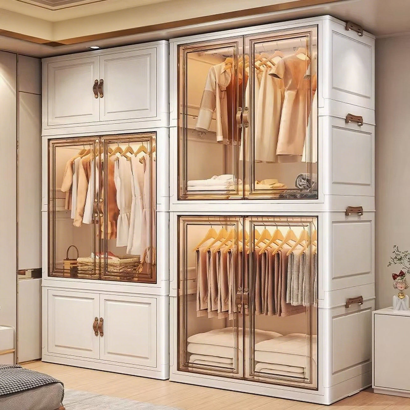 White wardrobe cabinet with large glass panels, hanging clothes and folded storage