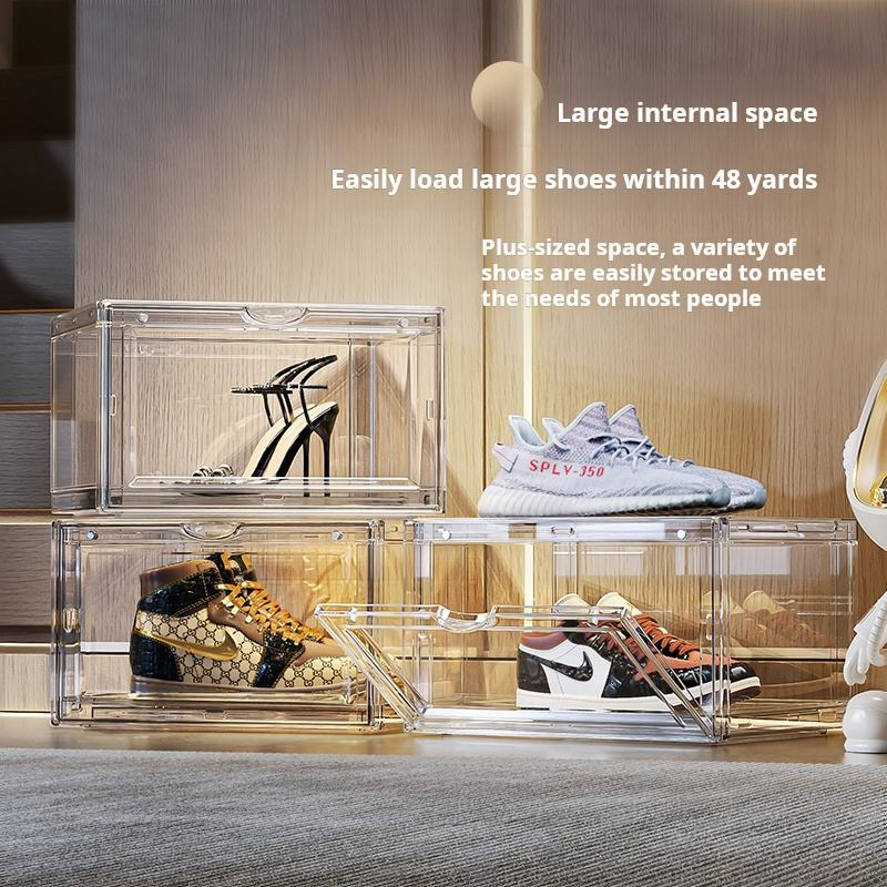 Clear plastic shoe storage box with open front and two-tier interior for shoes