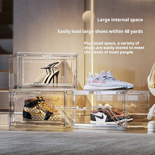 Clear plastic shoe storage box with open front and two-tier interior for shoes