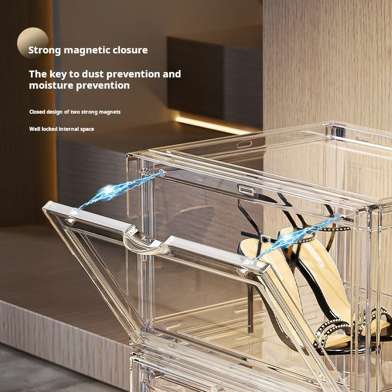 Clear plastic shoe storage box with side magnetic closure and hinged access