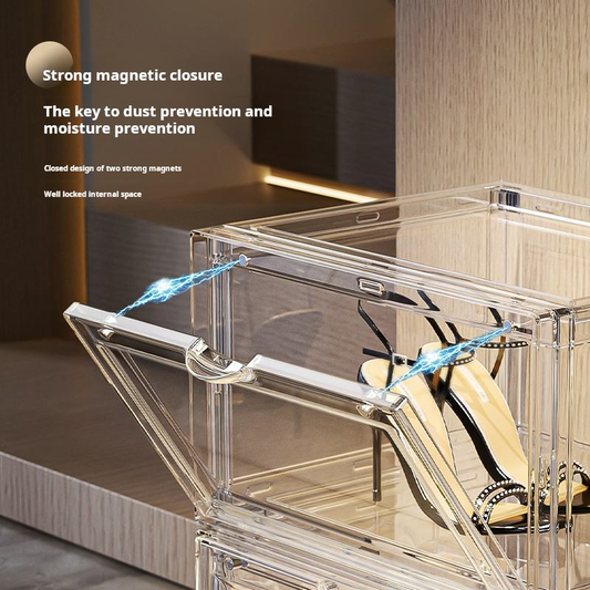 Clear plastic shoe storage box with side magnetic closure and hinged access