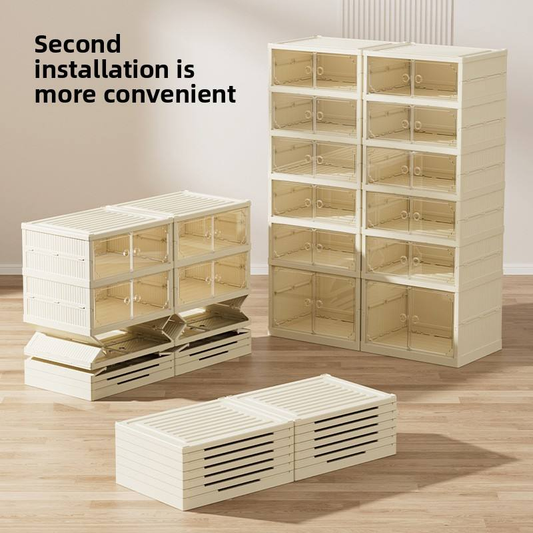 Cream white folding shoe storage cabinet with many cubby compartments for shoes