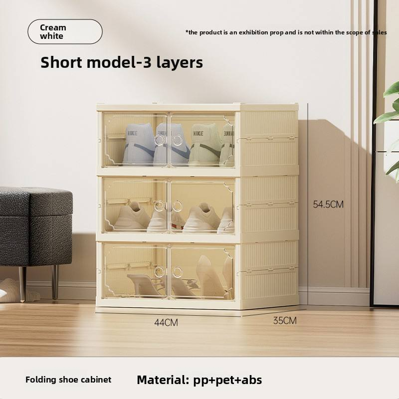Cream white 3-layer folding shoe cabinet with cubbies and side storage blocks