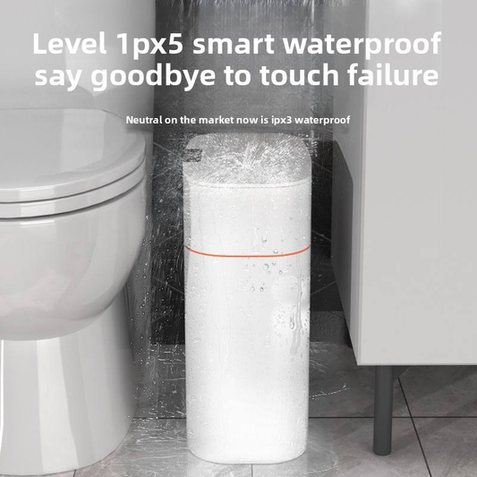 White plastic trash can with smooth lid; water spray inside the bin