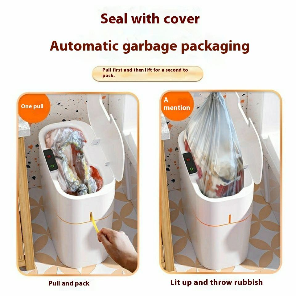 White plastic trash can with cover and automatic bagging mechanism graphic