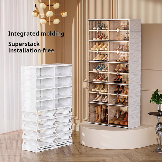 White stackable shoe storage cabinet with open doors and tiered cubby shelves