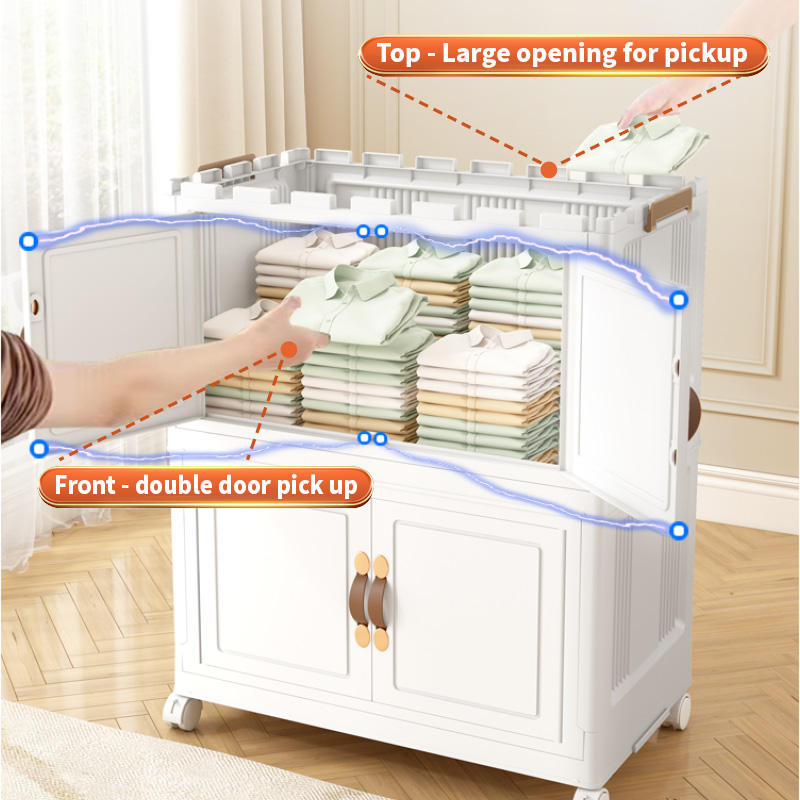 White storage cabinet with top large opening and front double-door access